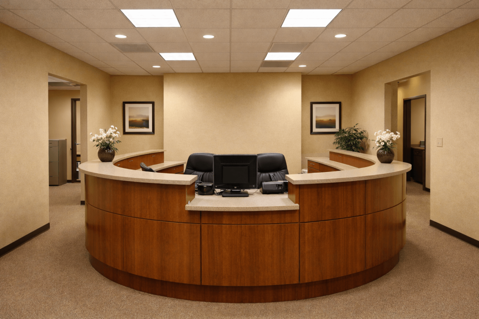 Hell gestalteter Eingangsbereich mit gemütlicher Sitzecke für Besucher und Empfangstresen.