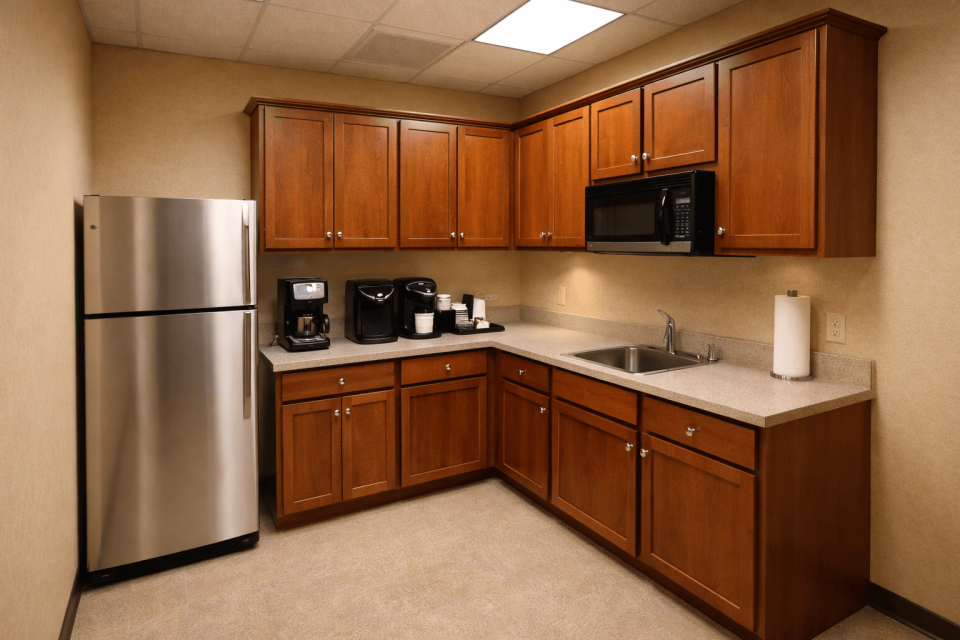 Unsere voll ausgestattete Gemeinschaftsküche als Treffpunkt für gemeinsame Mittagspausen und Kaffee.